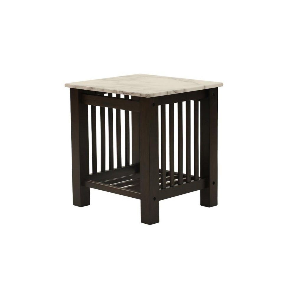 Moen 21 Inch Side End Table, White Faux Marble, Bottom Shelf, Black Wood - BM314644