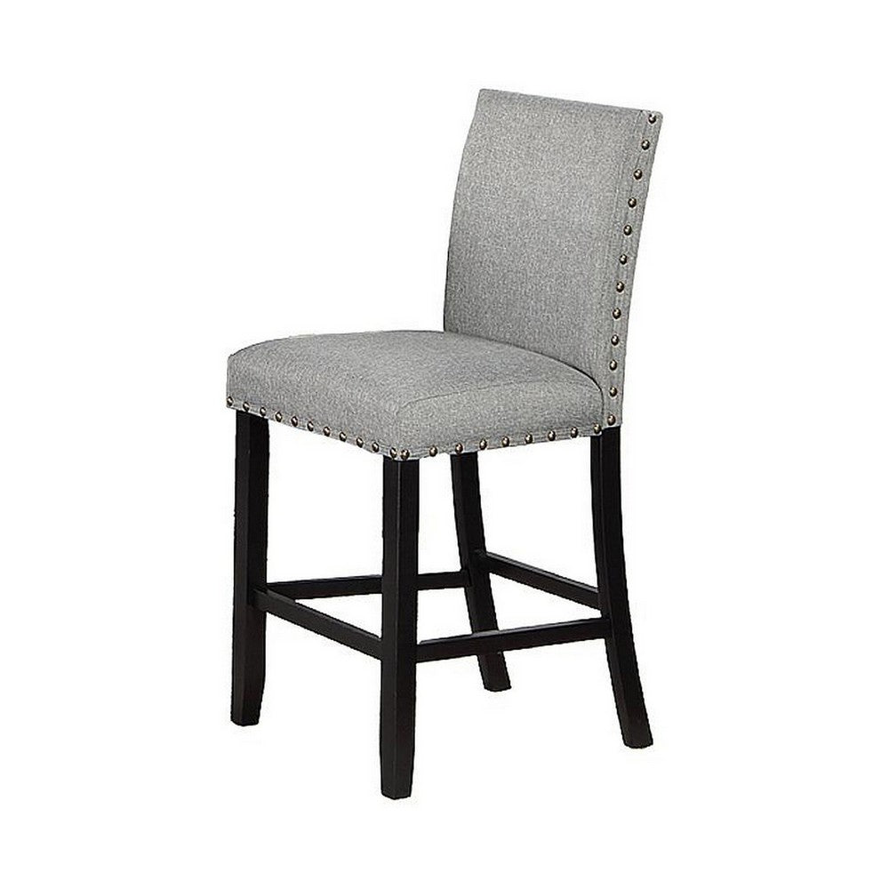 Sie 24 Inch Counter Height Chairs, Set of 2, Nailhead Trim, Gray Fabric, Black Wood - BM314660