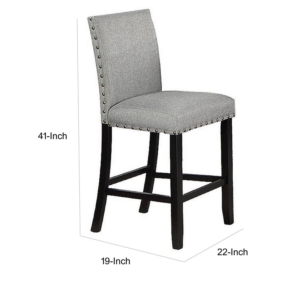 Sie 24 Inch Counter Height Chairs, Set of 2, Nailhead Trim, Gray Fabric, Black Wood - BM314660