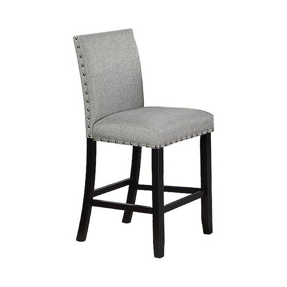 Sie 24 Inch Counter Height Chairs, Set of 2, Nailhead Trim, Gray Fabric, Black Wood - BM314660