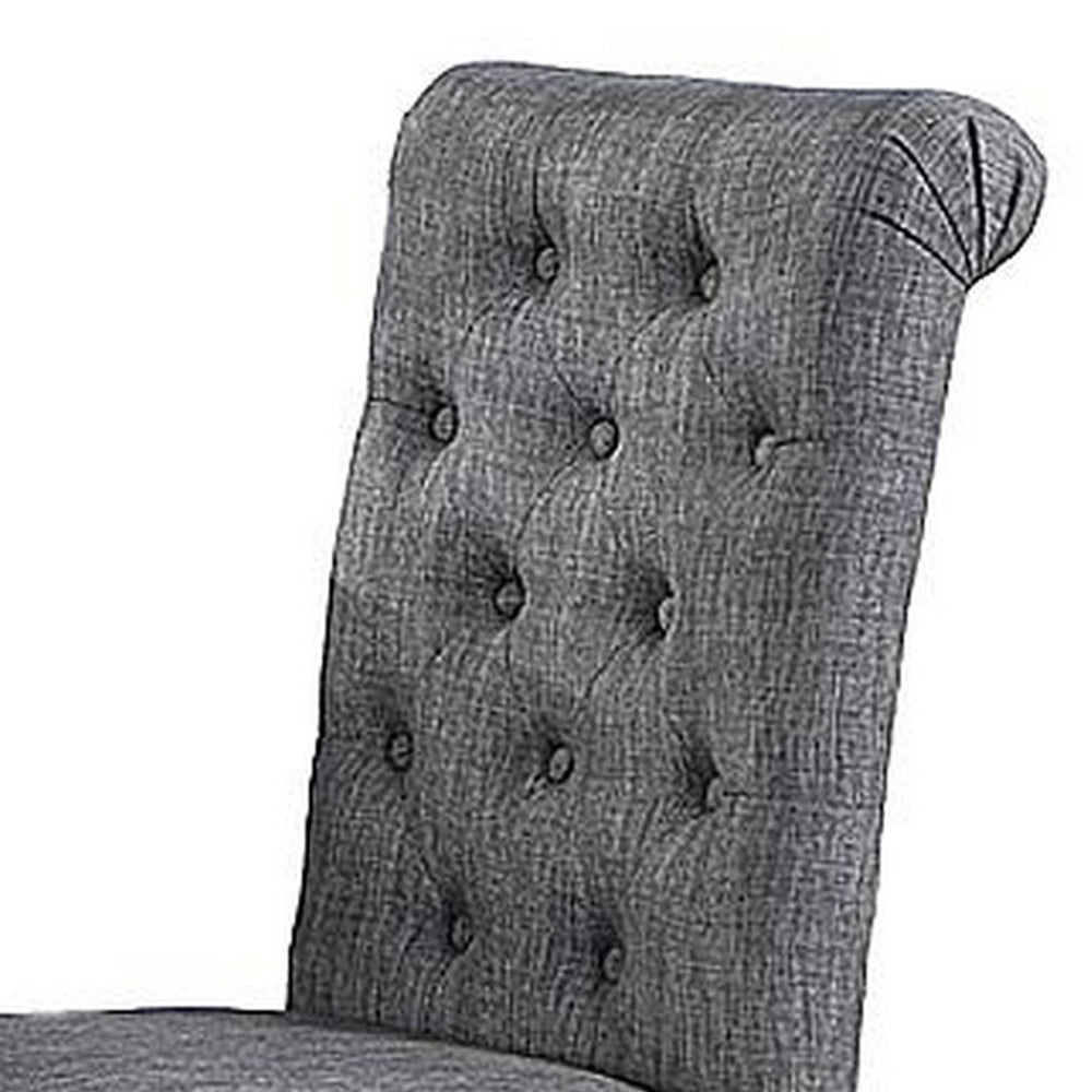 Jie 25 Inch Dining Chair, Tufted Gray Upholstery, Rolled Top, Black Wood - BM314661