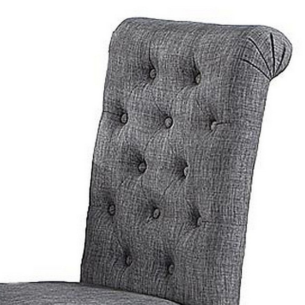 Jie 25 Inch Dining Chairs, Set of 2, Tufted Gray Upholstery, Rolled Top, Black Wood - BM314661