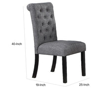 Jie 25 Inch Dining Chairs, Set of 2, Tufted Gray Upholstery, Rolled Top, Black Wood - BM314661