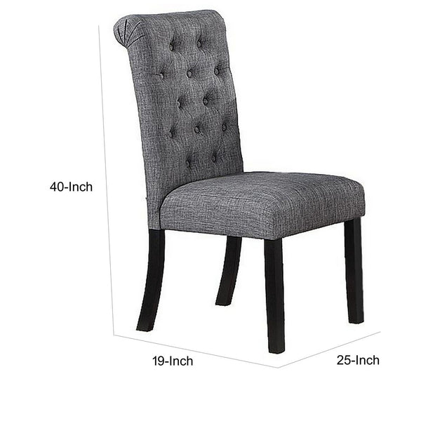 Jie 25 Inch Dining Chairs, Set of 2, Tufted Gray Upholstery, Rolled Top, Black Wood - BM314661