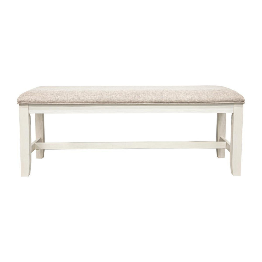 Sam 50 Inch Dining Bench, Farmhouse Style, Beige Upholstery, White Wood - BM314665