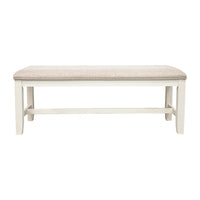 Sam 50 Inch Dining Bench, Farmhouse Style, Beige Upholstery, White Wood - BM314665