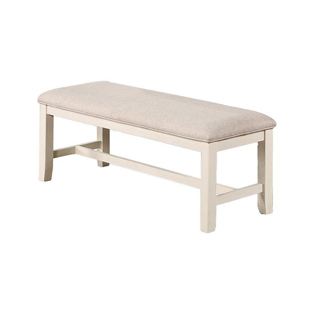 Sam 50 Inch Dining Bench, Farmhouse Style, Beige Upholstery, White Wood - BM314665