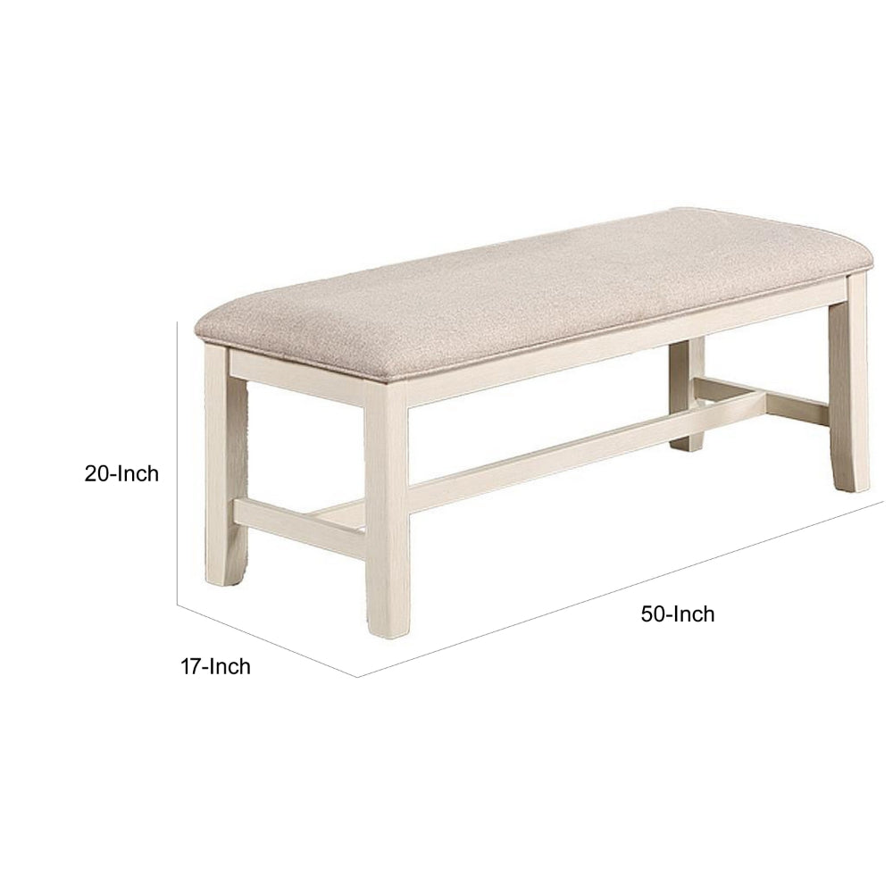 Sam 50 Inch Dining Bench, Farmhouse Style, Beige Upholstery, White Wood - BM314665