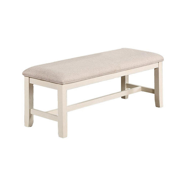 Sam 50 Inch Dining Bench, Farmhouse Style, Beige Upholstery, White Wood - BM314665