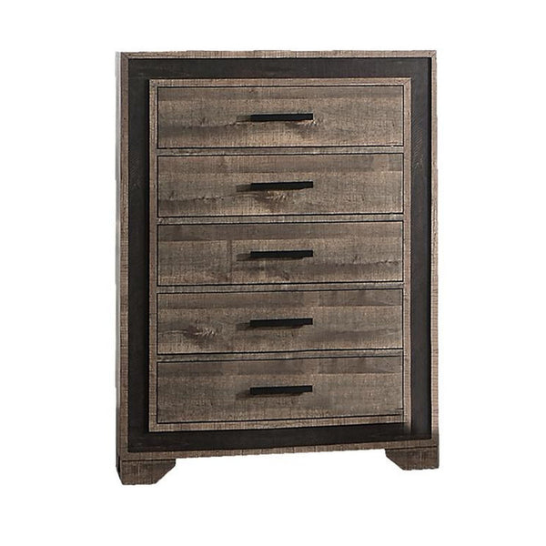 Nny 45 Inch Tall Dresser Chest with 5 Drawers, Black Handles, Brown Wood - BM314669