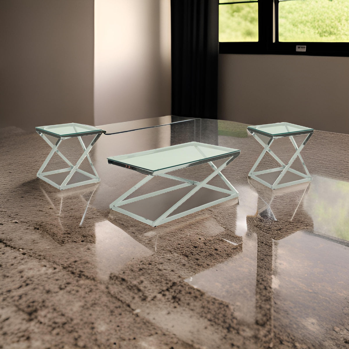 Gen Coffee and End Table Set of 3, Tempered Glass Top, Chrome Metal Base - BM314677