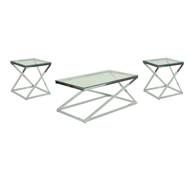 Gen Coffee and End Table Set of 3, Tempered Glass Top, Chrome Metal Base - BM314677