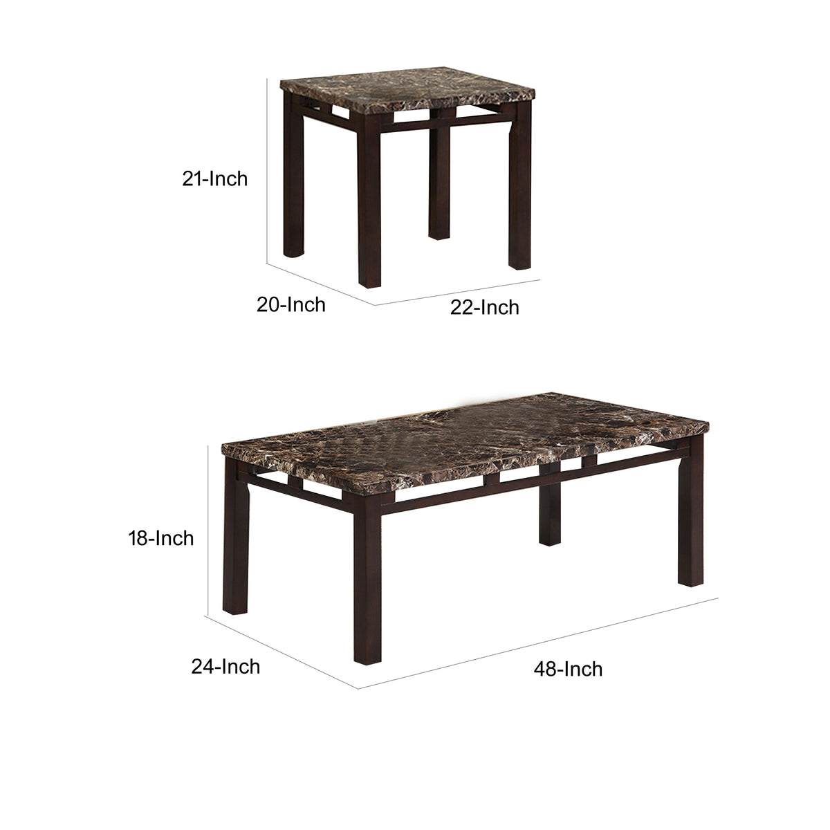 Sem Coffee and End Table Set of 3, Faux Marble Top, Brown Metal Frame - BM314678