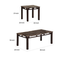 Sem Coffee and End Table Set of 3, Faux Marble Top, Brown Metal Frame - BM314678