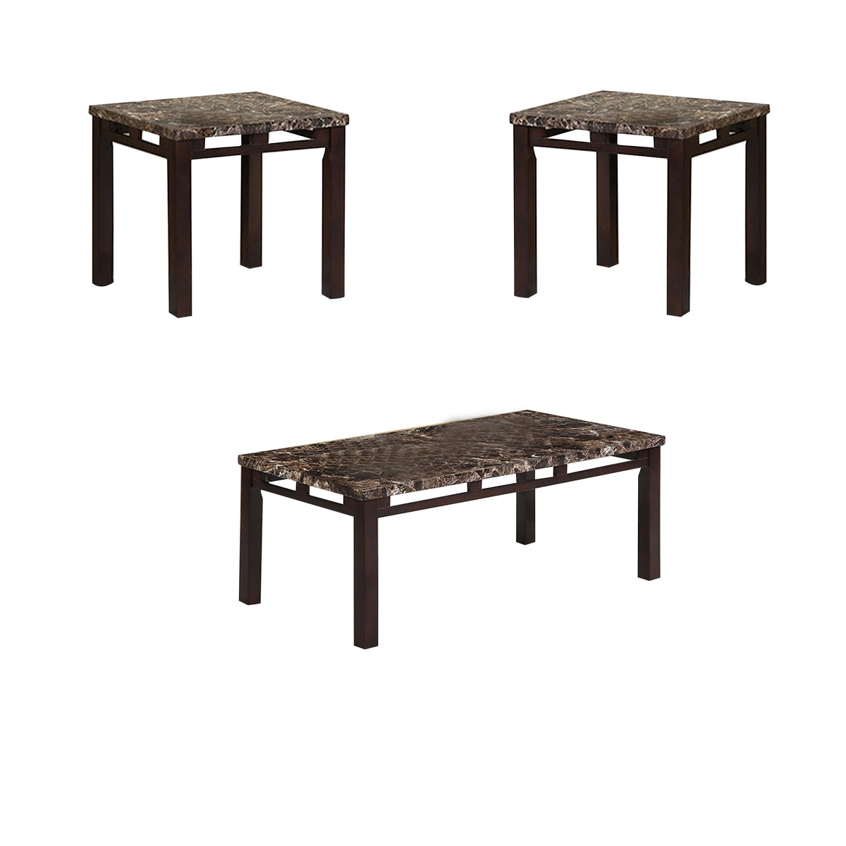 Sem Coffee and End Table Set of 3, Faux Marble Top, Brown Metal Frame - BM314678