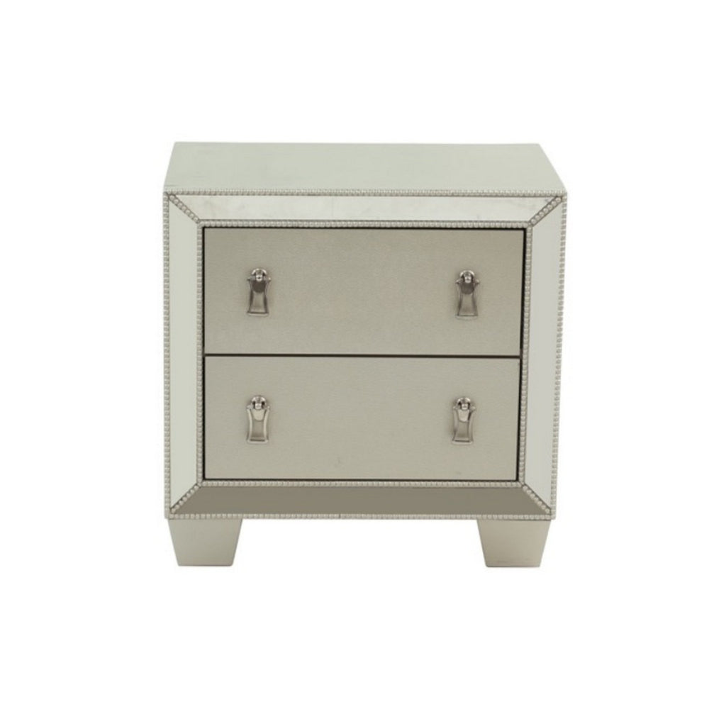 Dem 26 Inch Nightstand with 2 Drawers, Platinum Trim, Silver Wood Finish - BM314680