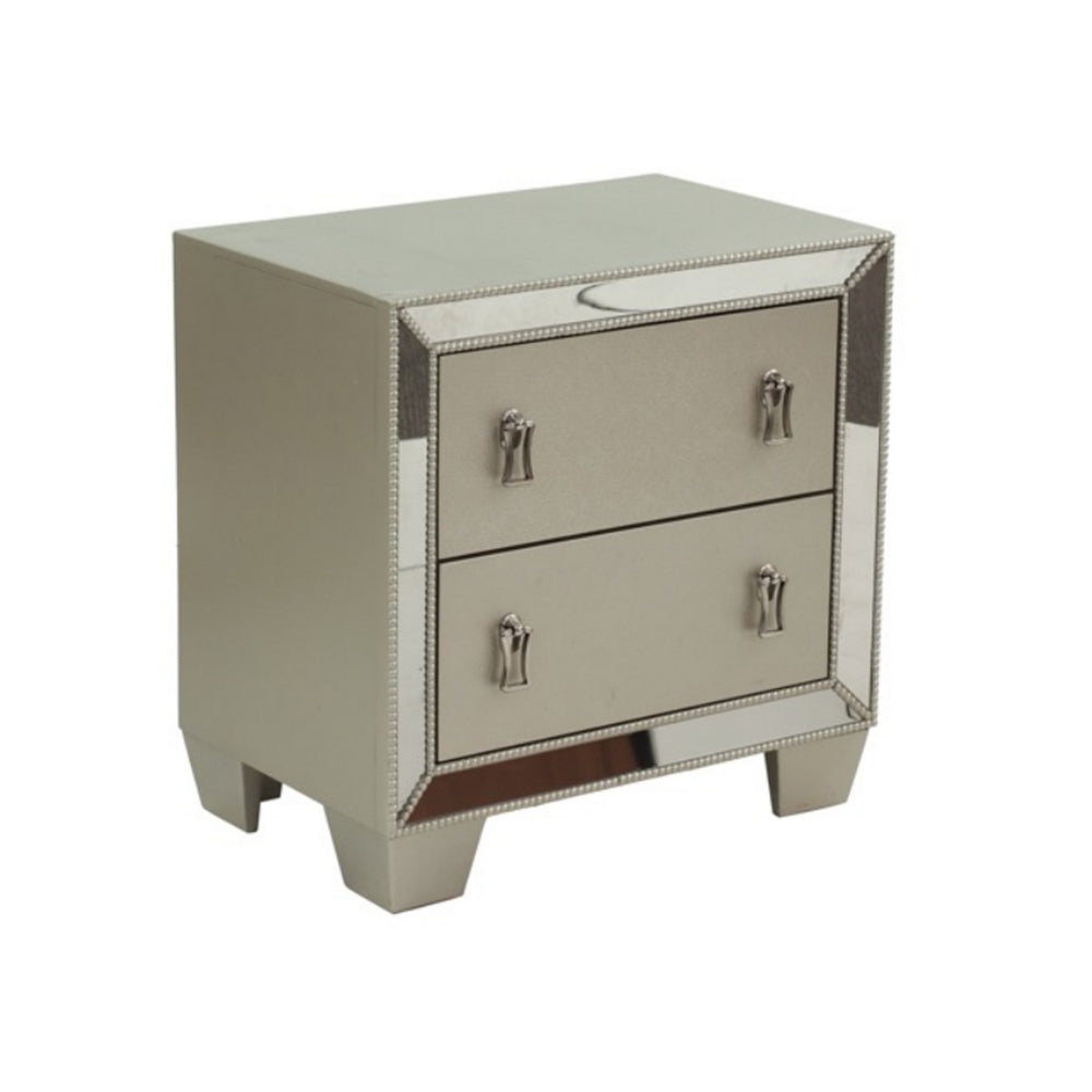 Dem 26 Inch Nightstand with 2 Drawers, Platinum Trim, Silver Wood Finish - BM314680