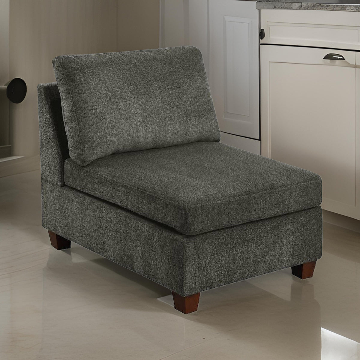 Remy 37 Inch Modular Armless Chair, Soft Gray Chenille, Solid Pine Wood - BM314685