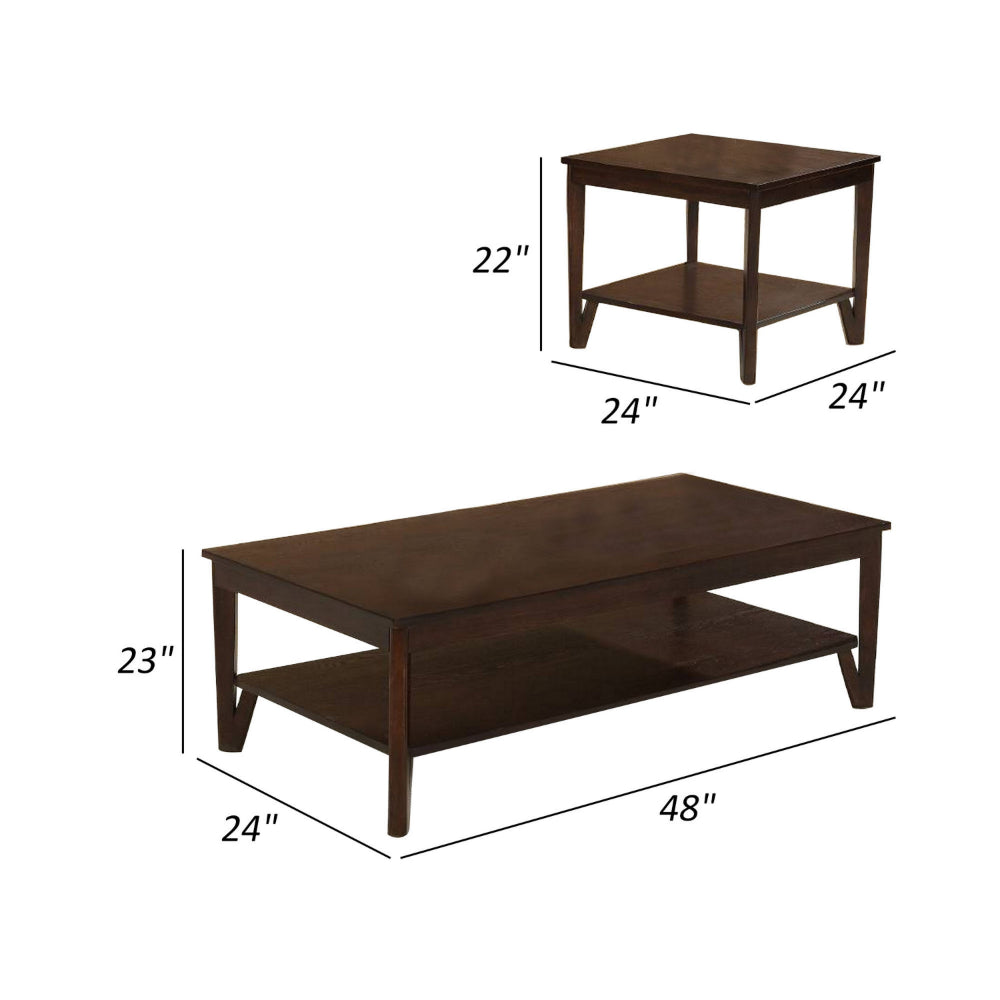 Nem 3pc Coffee and End Table Set with Lower Shelf, Solid Brown Wood Finish - BM314686