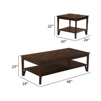 Nem 3pc Coffee and End Table Set with Lower Shelf, Solid Brown Wood Finish - BM314686