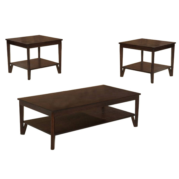 Nem 3pc Coffee and End Table Set with Lower Shelf, Solid Brown Wood Finish - BM314686