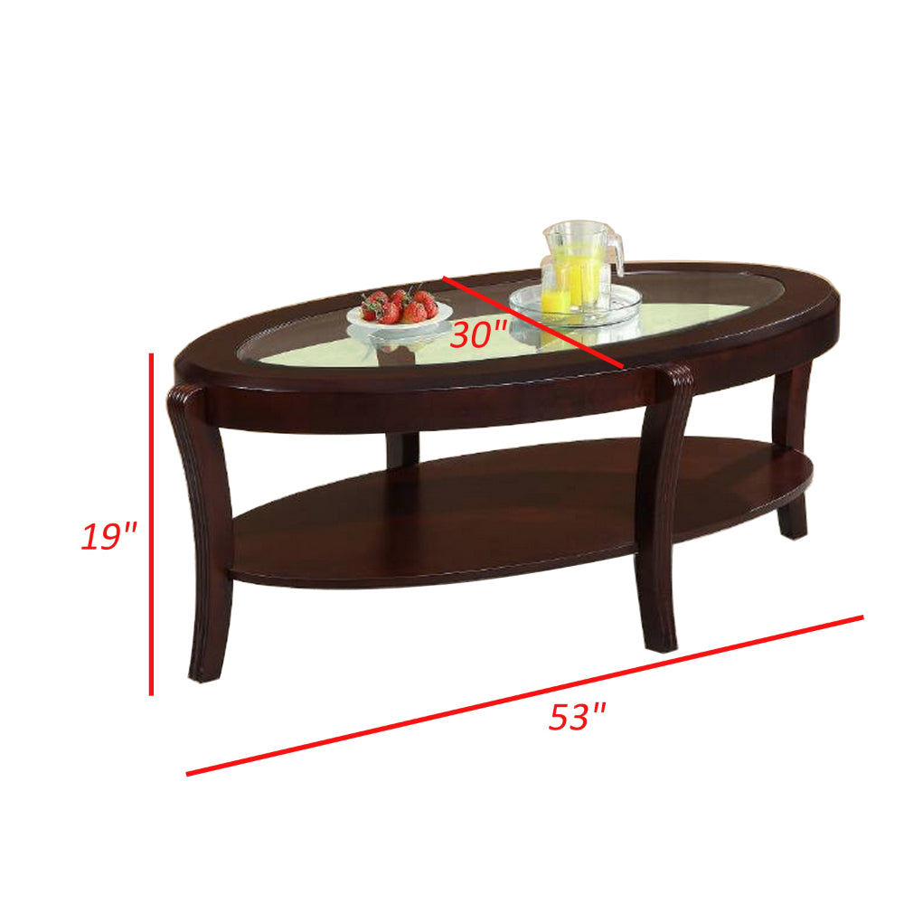 Lyn 53 Inch Coffee Table with Oval Glass Top and Lower Shelf, Brown Wood - BM314688