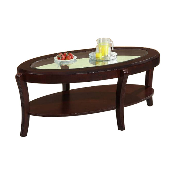 Lyn 53 Inch Coffee Table with Oval Glass Top and Lower Shelf, Brown Wood - BM314688