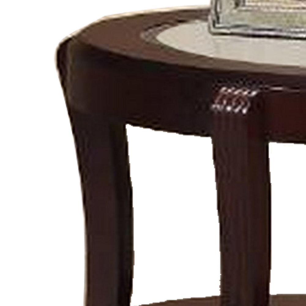 Lyn 31 Inch Side End Table with Oval Glass Top and Lower Shelf, Brown Wood - BM314689