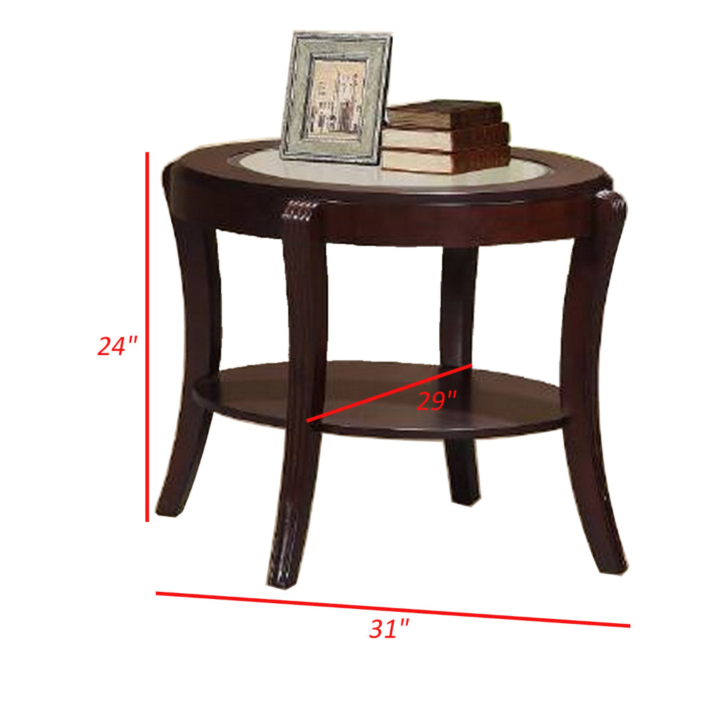 Lyn 31 Inch Side End Table with Oval Glass Top and Lower Shelf, Brown Wood - BM314689