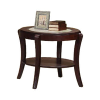 Lyn 31 Inch Side End Table with Oval Glass Top and Lower Shelf, Brown Wood - BM314689