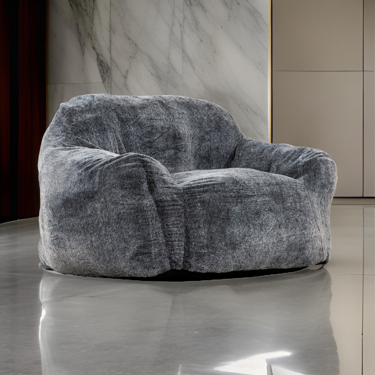 45 Inch Bean Bag Chair, Memory Foam, Faux Rabbit Fur, Grayish Blue - BM314709