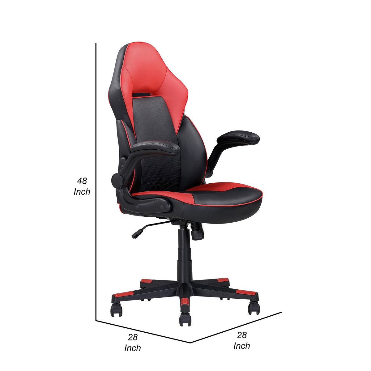 28 Inch Office Gaming Chair, 360 Degree Swivel, Black, Red Faux Leather - BM314718