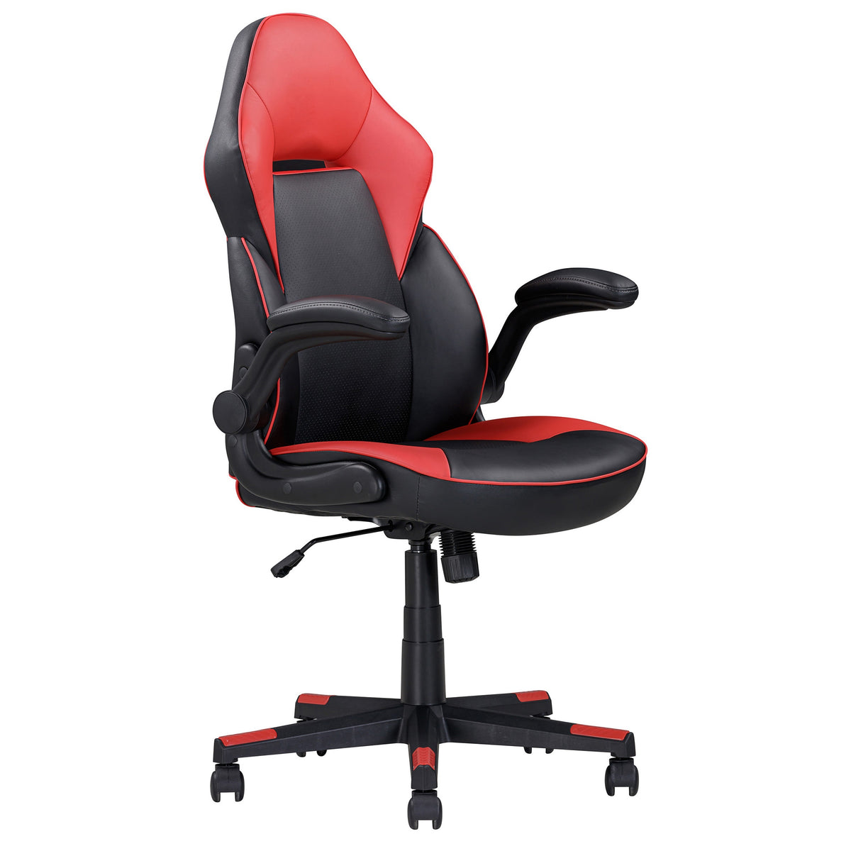 28 Inch Office Gaming Chair, 360 Degree Swivel, Black, Red Faux Leather - BM314718