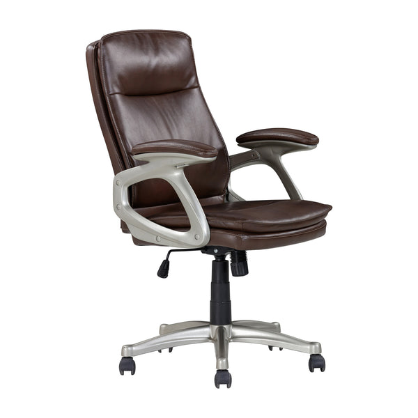 28 Inch Office Gaming Chair, 360 Degree Swivel, Silver, Brown Faux Leather - BM314719