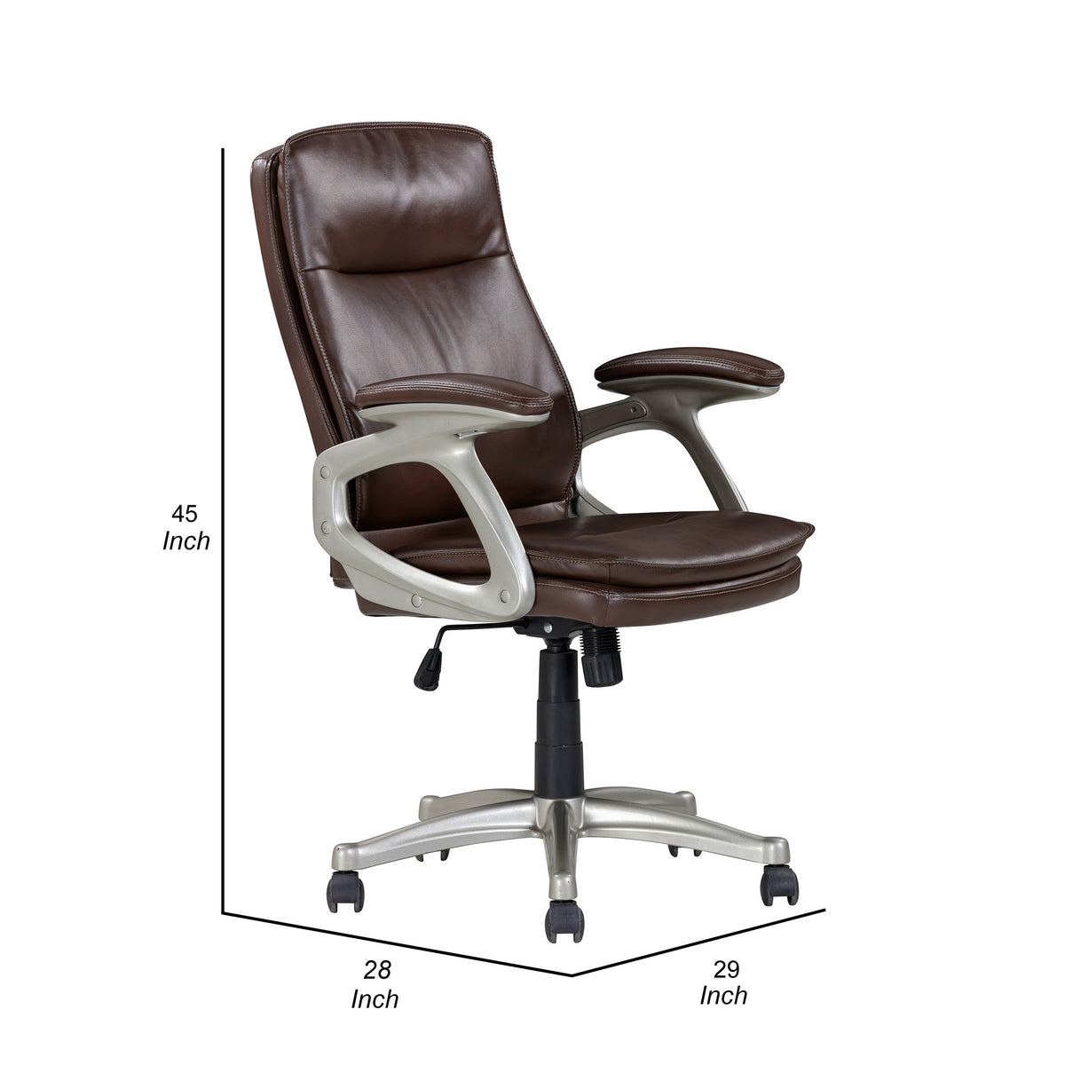 28 Inch Office Gaming Chair, 360 Degree Swivel, Silver, Brown Faux Leather - BM314719