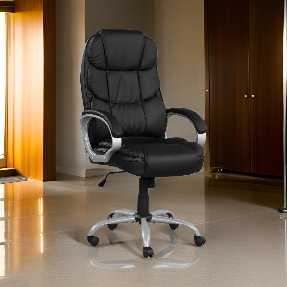 30 Inch Office Chair, 360 Degree Swivel, Cushioned Black Faux Leather - BM314721