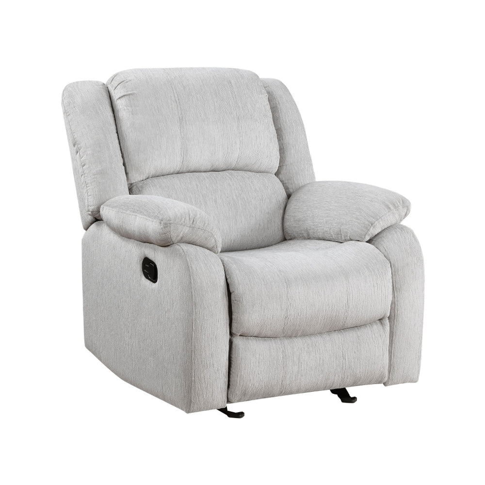 Chris 38 Inch Manual Glider Recliner Chair, Solid Wood, Light Gray Chenille - BM314756