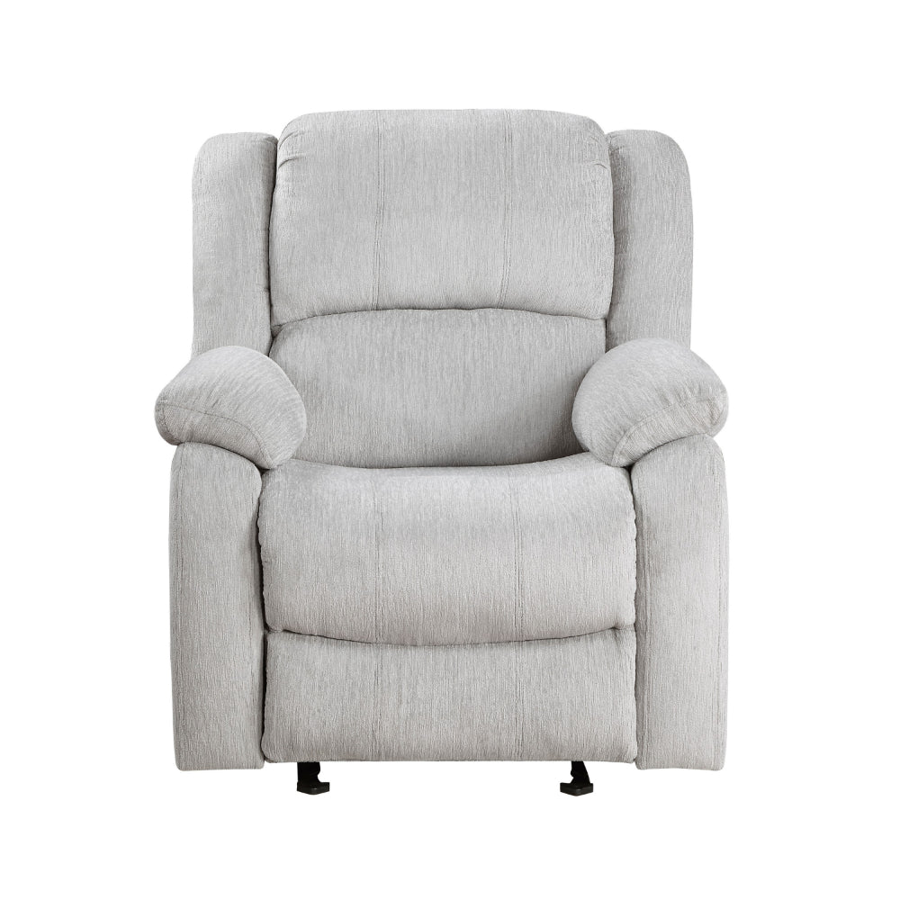 Chris 38 Inch Manual Glider Recliner Chair, Solid Wood, Light Gray Chenille - BM314756