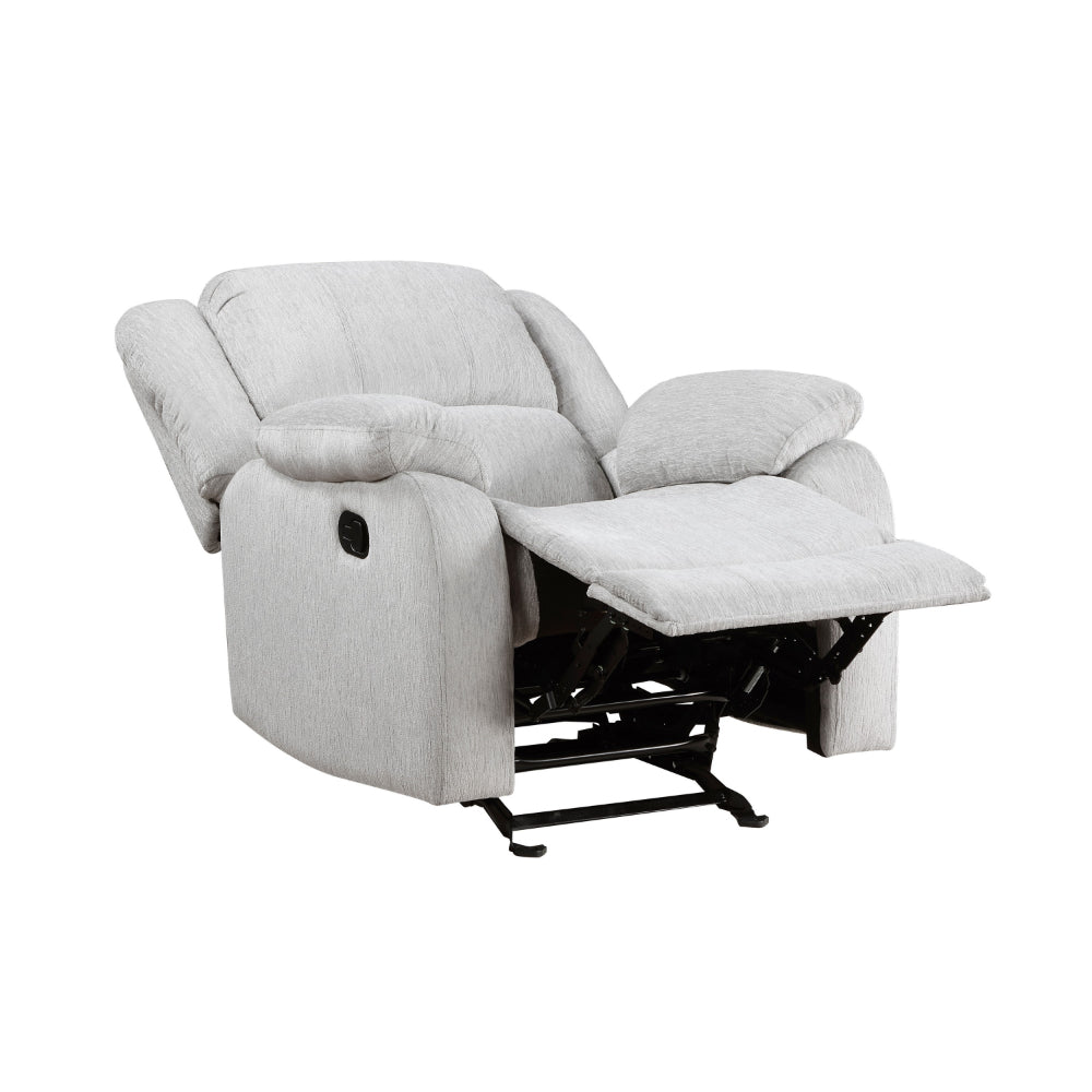 Chris 38 Inch Manual Glider Recliner Chair, Solid Wood, Light Gray Chenille - BM314756