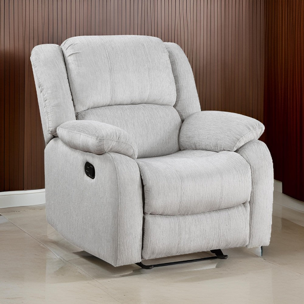 Chris 38 Inch Manual Glider Recliner Chair, Solid Wood, Light Gray Chenille - BM314756