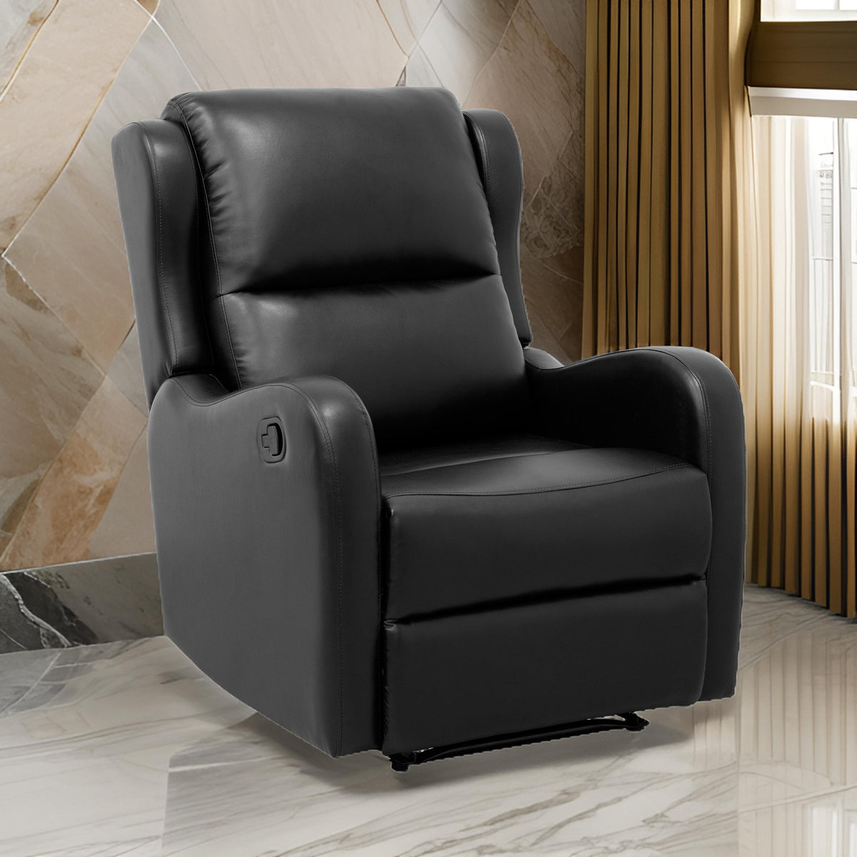 Kim 38 Inch Manual Recliner Chair, Cushioned Black Faux Leather, Solid Wood - BM314758