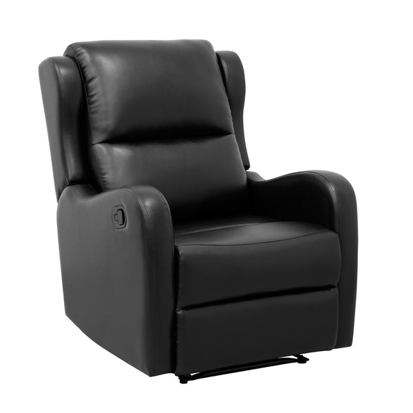 Kim 38 Inch Manual Recliner Chair, Cushioned Black Faux Leather, Solid Wood - BM314758