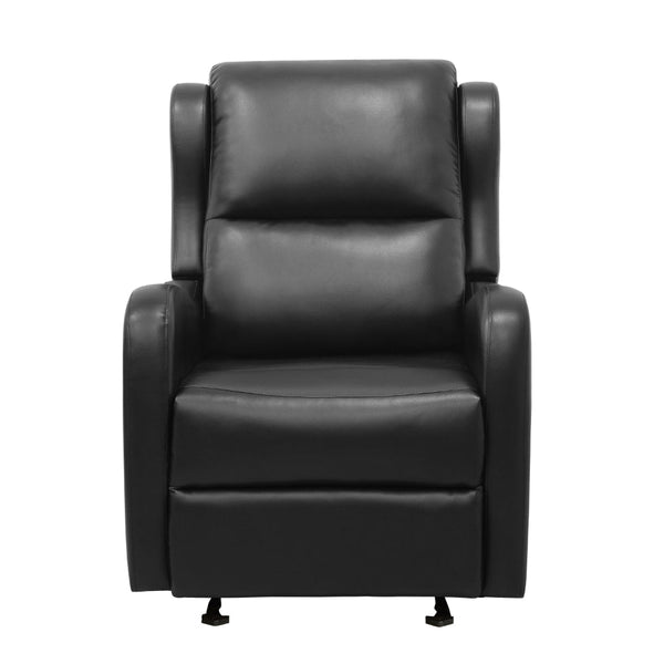 Kim 39 Inch Glider Manual Recliner Chair, Black Faux Leather, Solid Wood - BM314759