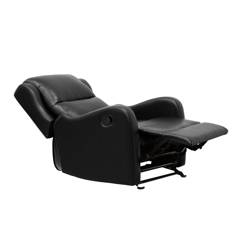 Kim 39 Inch Glider Manual Recliner Chair, Black Faux Leather, Solid Wood - BM314759