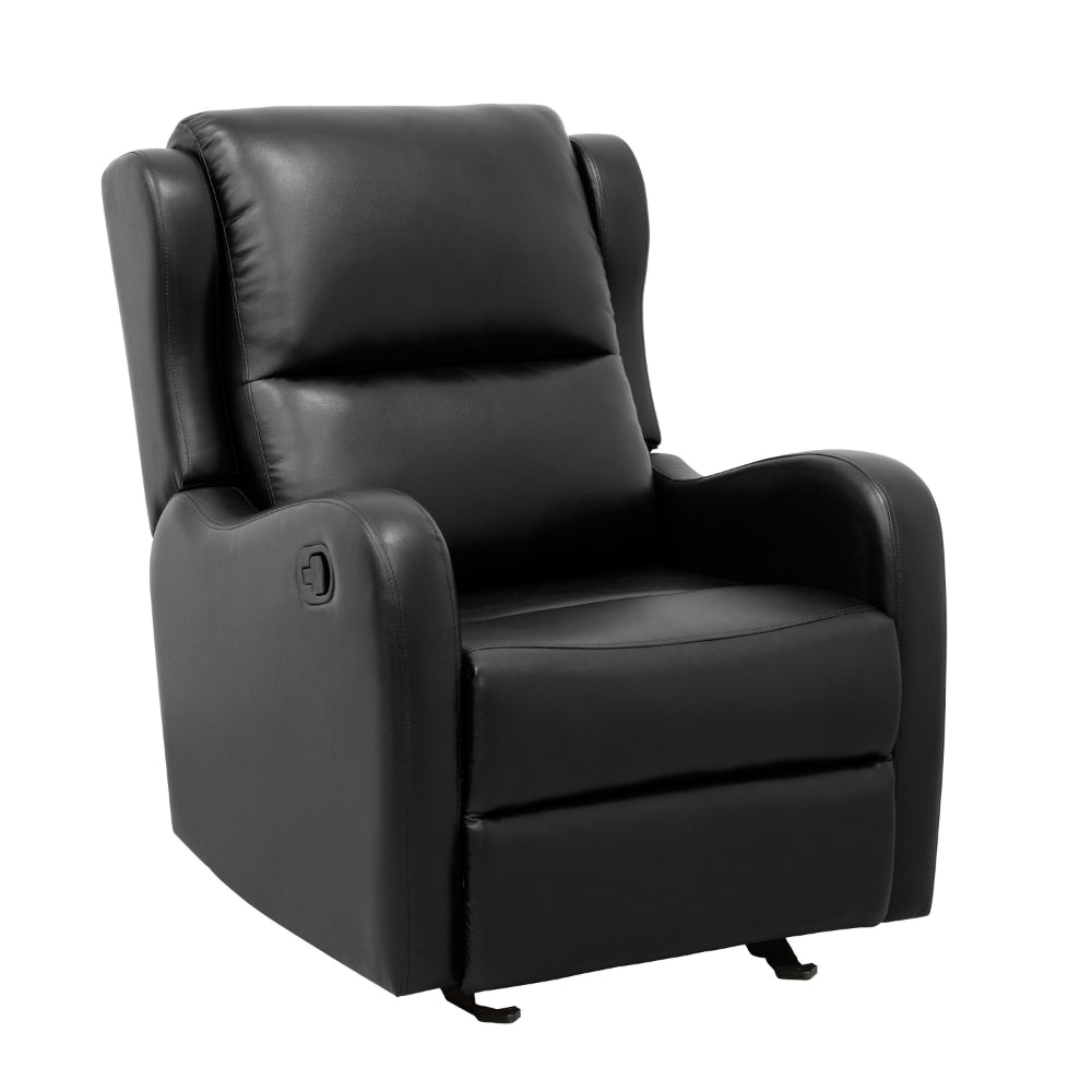 Kim 39 Inch Glider Manual Recliner Chair, Black Faux Leather, Solid Wood - BM314759