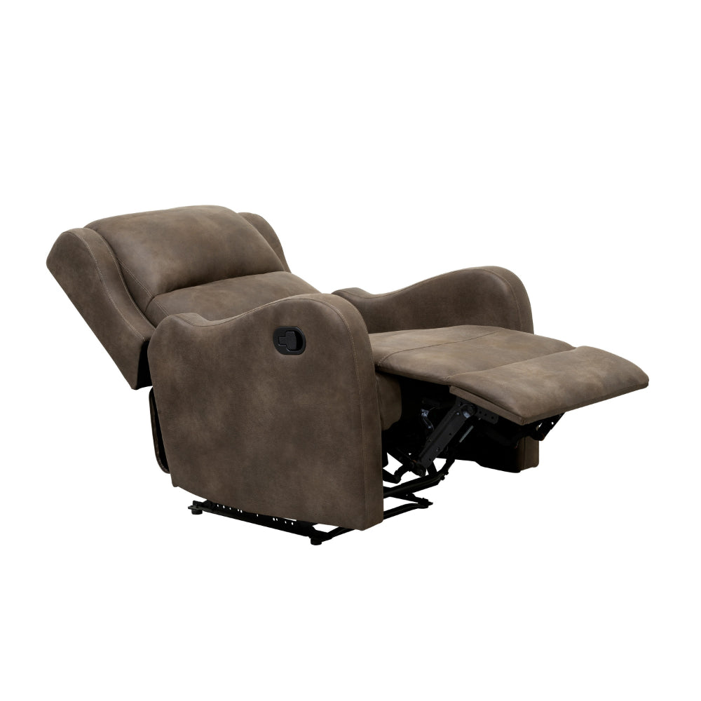 Kim 38 Inch Manual Recliner Chair, Cushioned Brown Microfiber, Solid Wood - BM314760