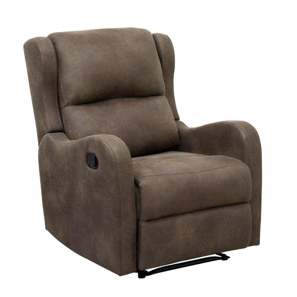 Kim 38 Inch Manual Recliner Chair, Cushioned Brown Microfiber, Solid Wood - BM314760