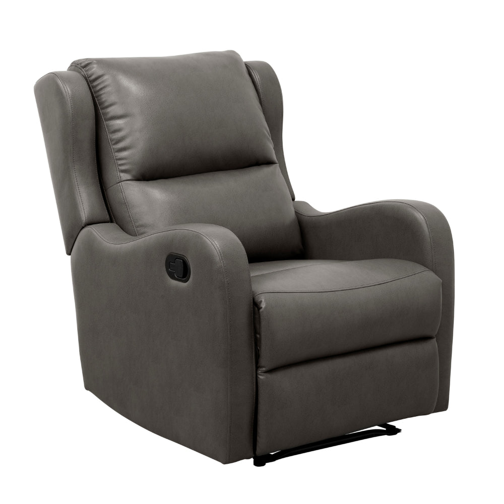 Kim 38 Inch Manual Recliner Chair, Cushioned Gray Faux Leather, Solid Wood - BM314761