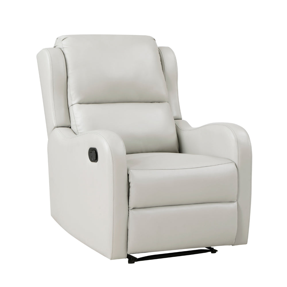 Kim 38 Inch Manual Recliner Chair, Off White Faux Leather, Solid Wood - BM314762