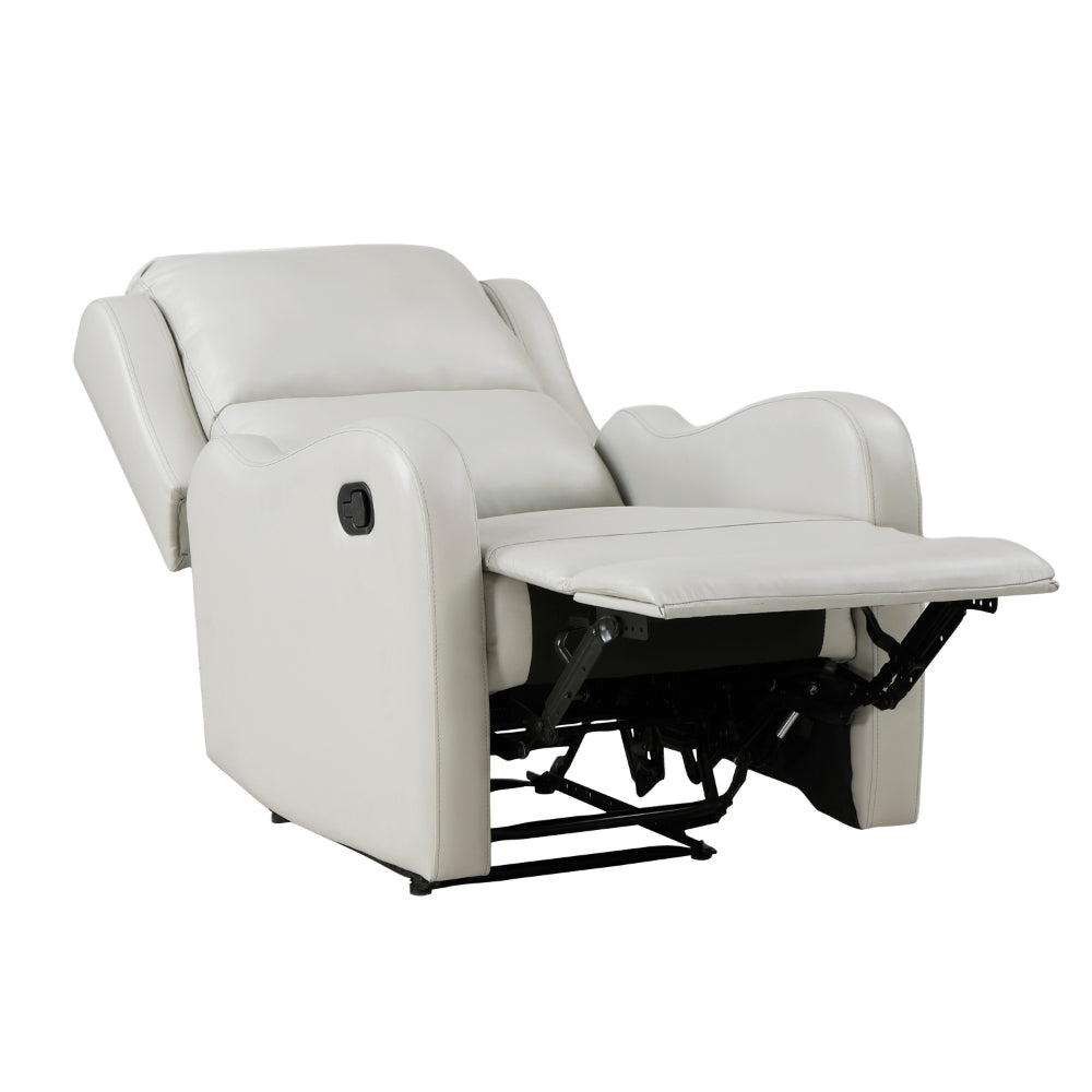 Kim 38 Inch Manual Recliner Chair, Off White Faux Leather, Solid Wood - BM314762